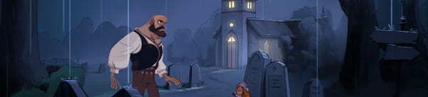 A dark churchyard with a mean character and a doll walking through