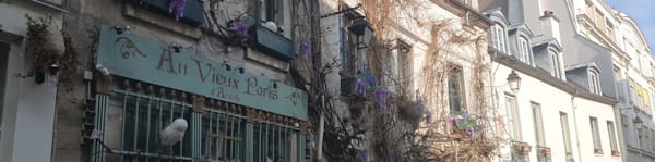 An old cafe blue sign 'Au Vieux Paris' surrounded by vies, and curved Parisian white buildings